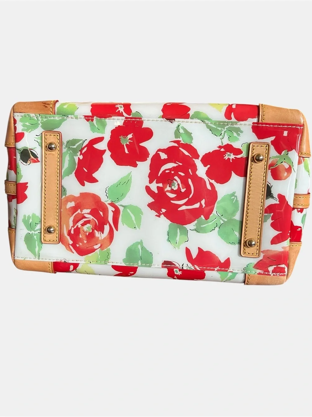 Dooney & Bourke Floral Dome Satchel with Red Floral Print and Tan Leather Trim